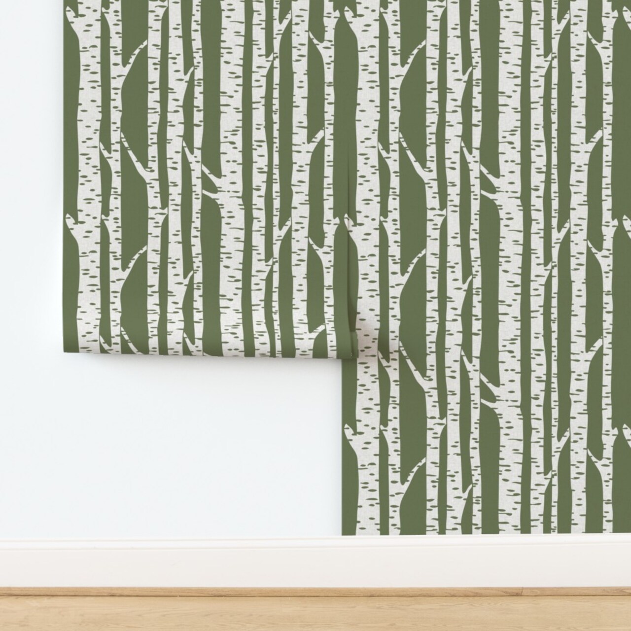 Cabincore Rustic Forest Woodland Trees Farmhouse Lake House Summer Camp Modern Birch Large Scale Green Faux Texture Linen Look Cabin Lodge Custom Removable Wallpaper by Spoonflower Peel & Stick Wallpaper 2FT Wide